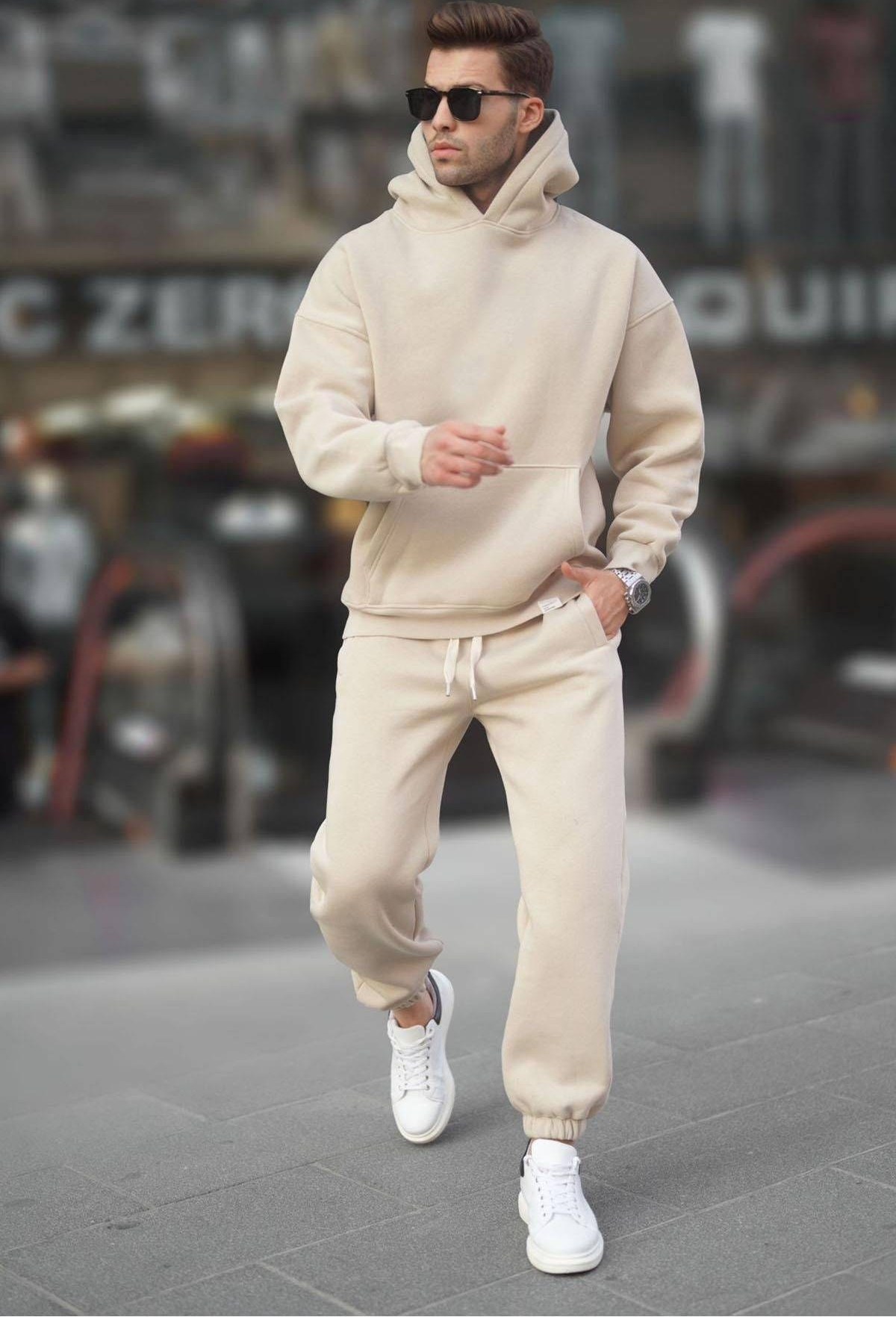 ست لباس ورزشی مردانه هودی و شلوار کلاه دار رنگ کرم