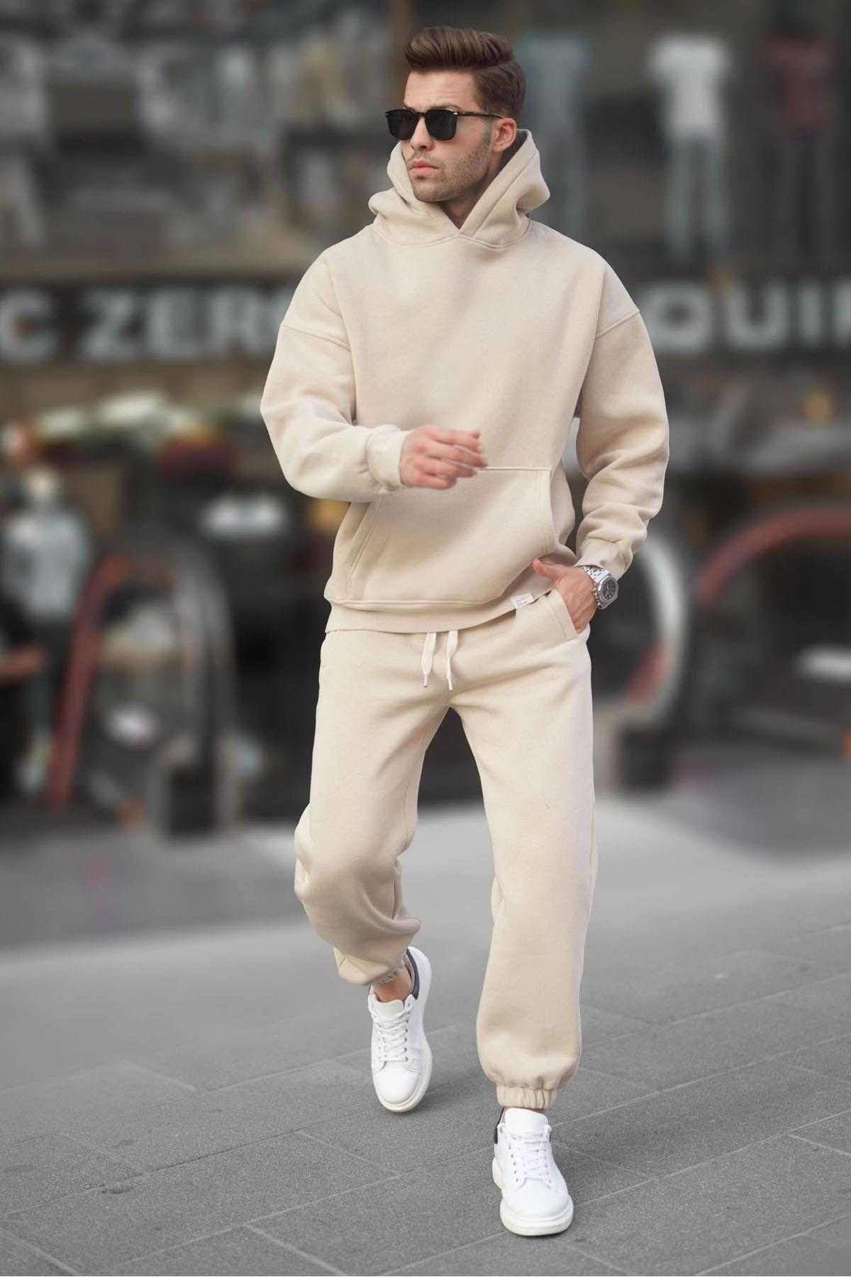 ست لباس ورزشی مردانه هودی و شلوار کلاه دار رنگ کرم