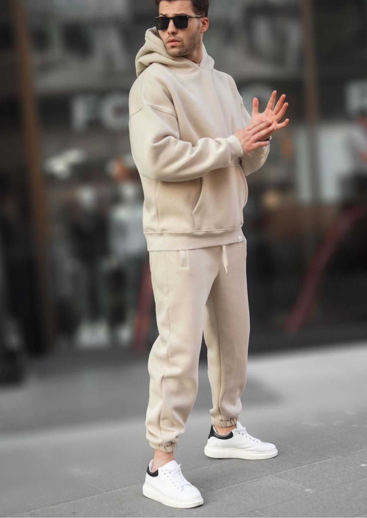 ست لباس ورزشی مردانه هودی و شلوار کلاه دار رنگ کرم