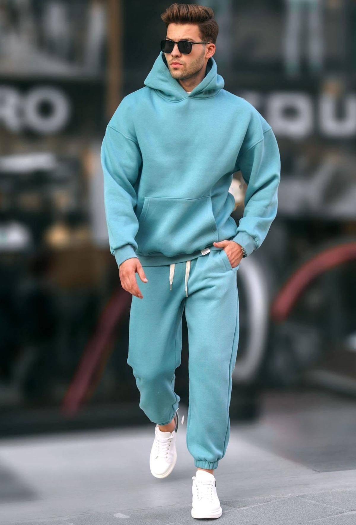 ست لباس ورزشی مردانه هودی و شلوار کلاه دار رنگ کرم