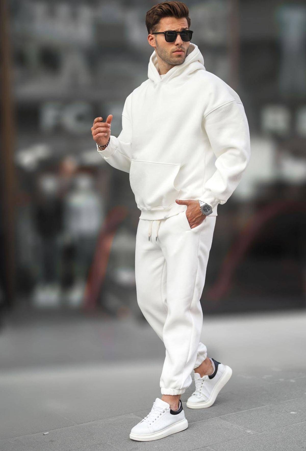 ست لباس ورزشی مردانه هودی و شلوار کلاه دار رنگ کرم