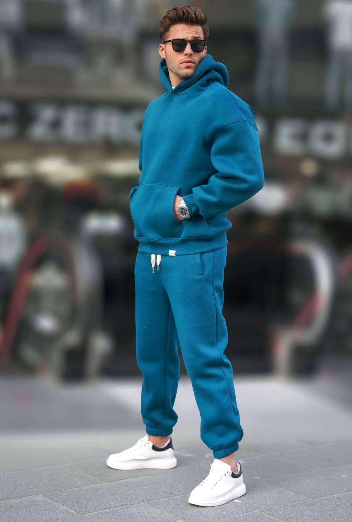 ست لباس ورزشی مردانه هودی و شلوار کلاه دار رنگ کرم