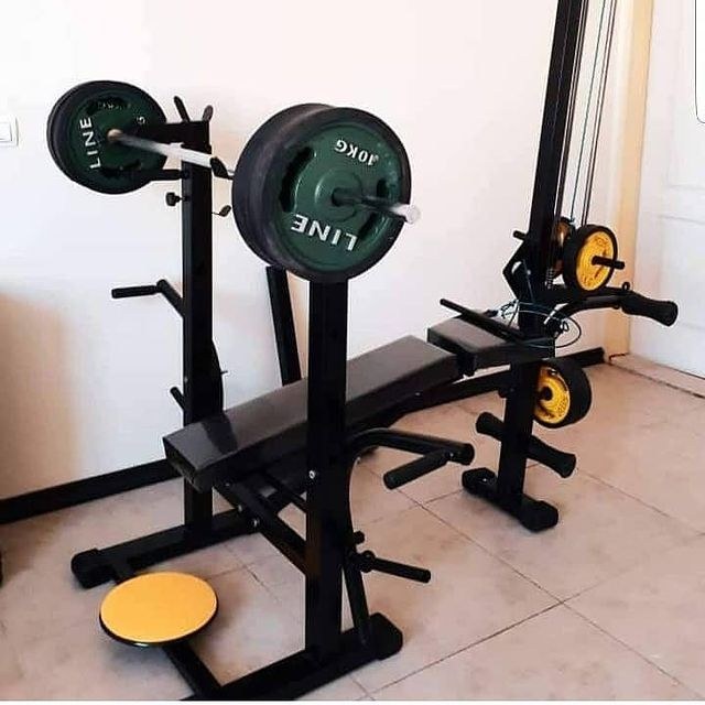 دستگاه بدنسازی ۵۲ کاره تاشو پک کامل همراه ست وزنه هالتر