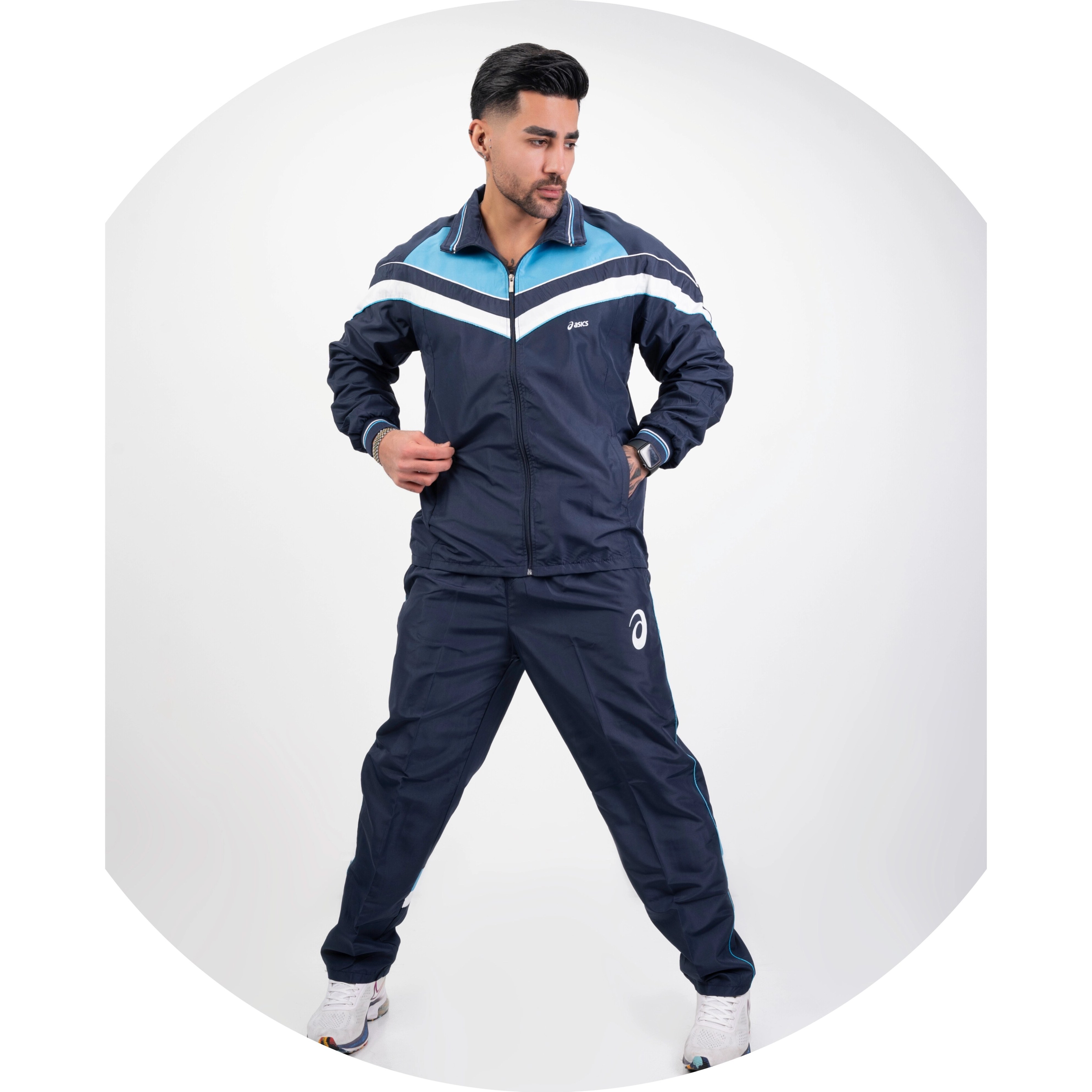 ست گرمکن شلوار مردانه اسیکس پارچه تاسلون رنگ مشکی و سرمه‌ای